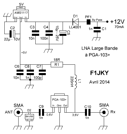 Schéma du LNA à PGA103+ F1JKY